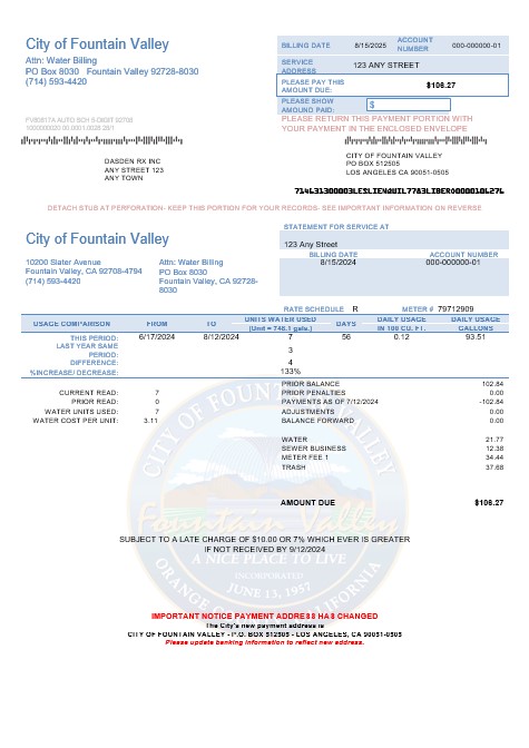 USA California City of Fountain Valley business utility bill template in Word and PDF formats